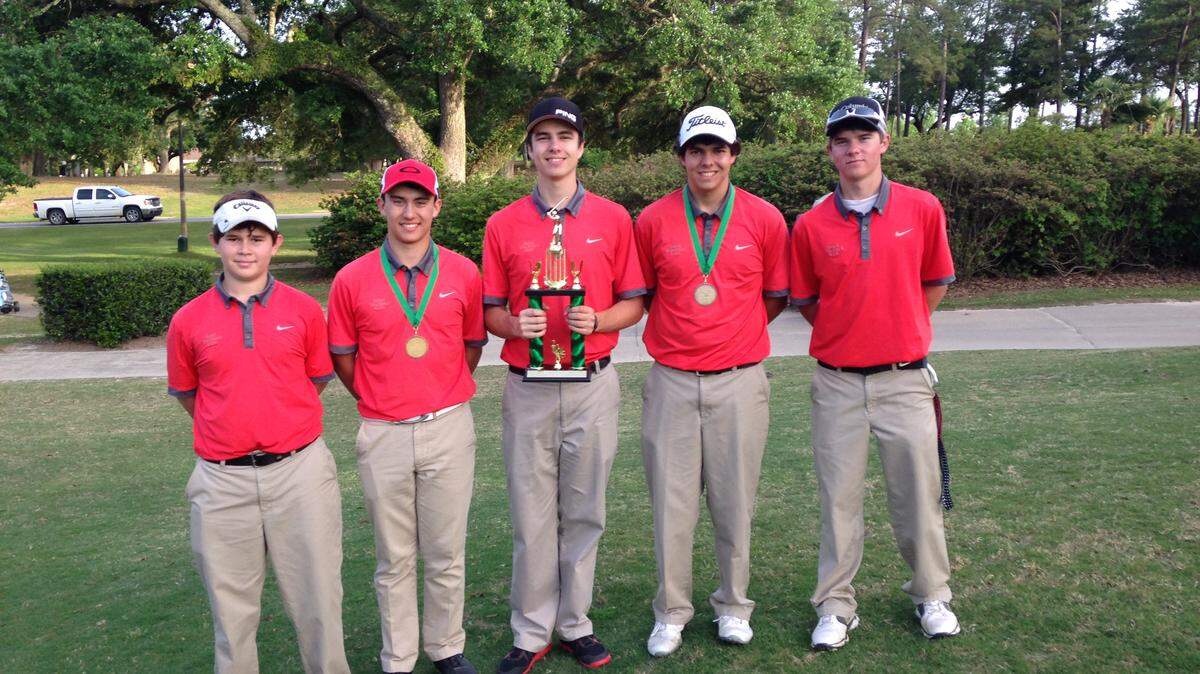 BOB SAUCIER/ST. STANISLAUS 
 The St. Stanislaus golf team won the region tournament at Diamondhead on Monday. Members of the SSC team, from left to right, are Walker Montjoy, Vincent Almerico, Matthew Saucier, Patrick Powers and Penn St. Paul.