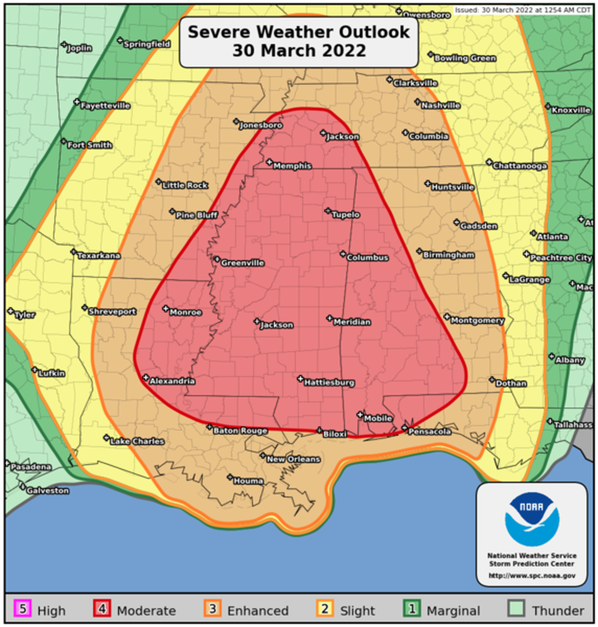 Wednesday’s severe weather outlook encompasses all of Mississippi in the moderate risk category.