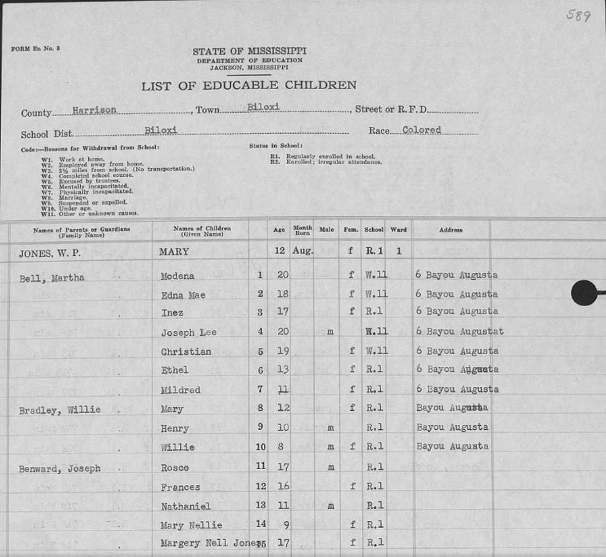 Mississippi’s archival records include lists of school-age children compiled for each county. This table shows a page from an Educable List for Harrison County from 1947.