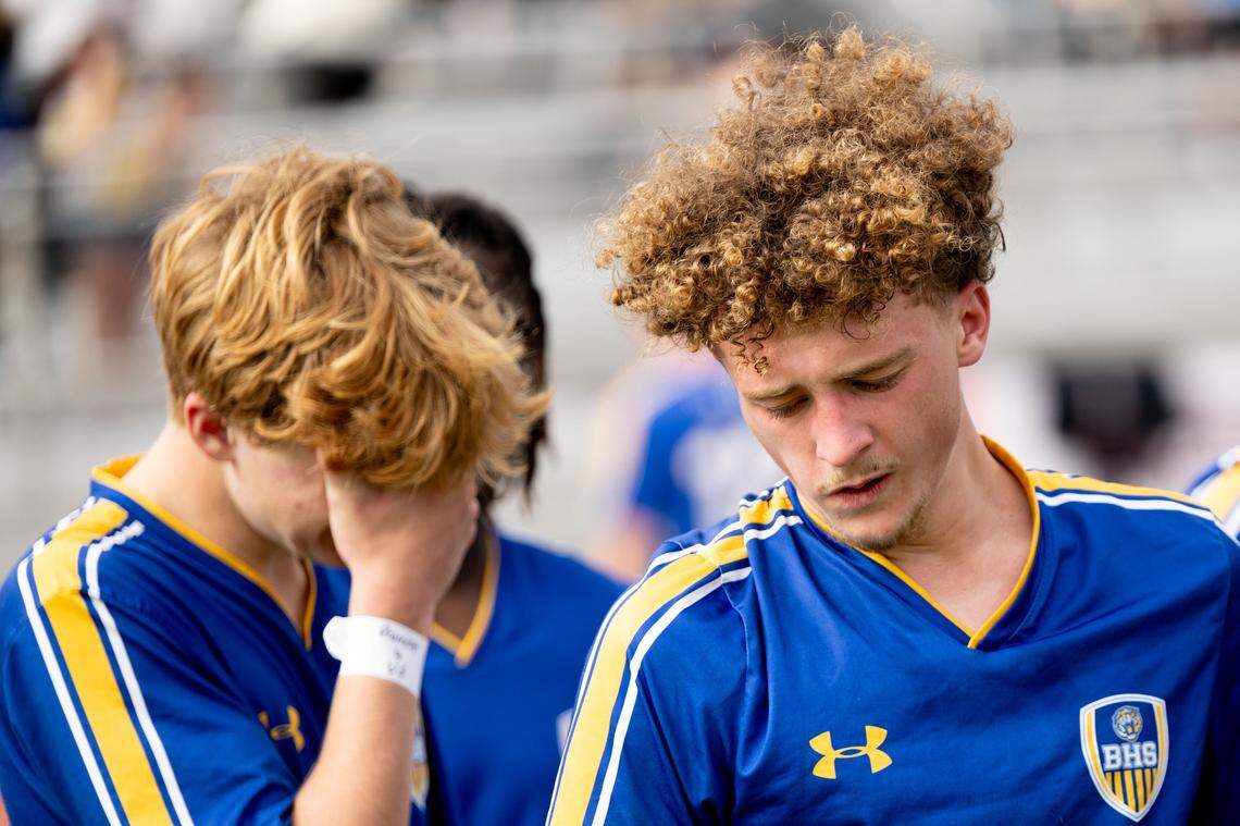 Bay High’s Griffin Garcia (7) reacts after losing a 4A boys soccer state championship game at Ridgeland High School in Jackson on Saturday, Feb. 21, 2026.