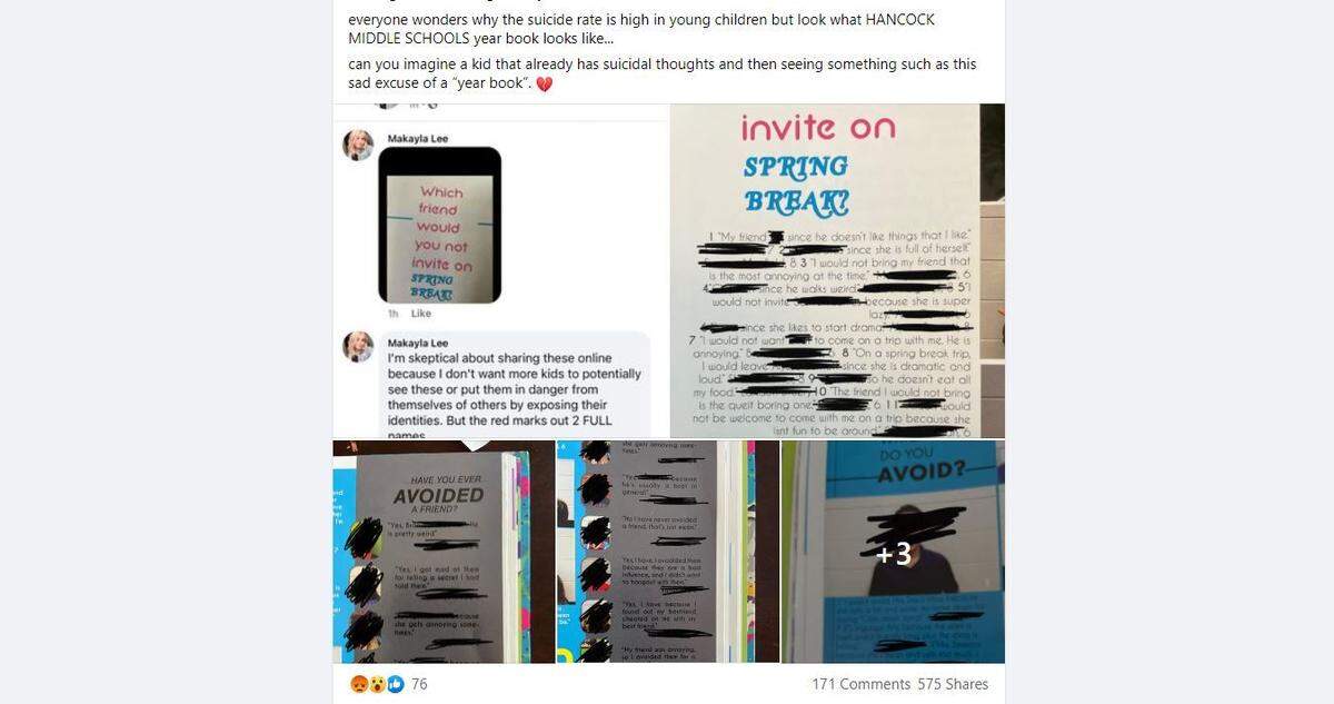 This screenshot from Facebook shows a post with images of the Hancock Middle School yearbook. The post went viral on Monday, May 24, 2021, as parents, alumni and community members criticized the yearbook for encouraging bullying.
