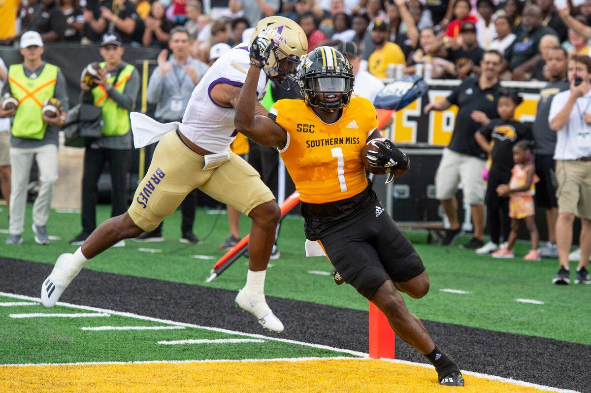 Southern Miss wide receiver Jakarius Caston runs into the end zone for a first half touchdown against Alcorn State on September 2, 2023.