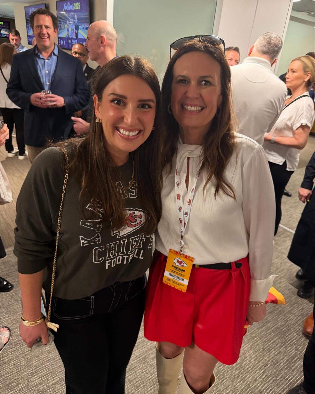 Taylor Spillman, the speaker’s communications director, posed for a photo at the Super Bowl with Arkansas Gov. Sarah Huckabee Sanders.