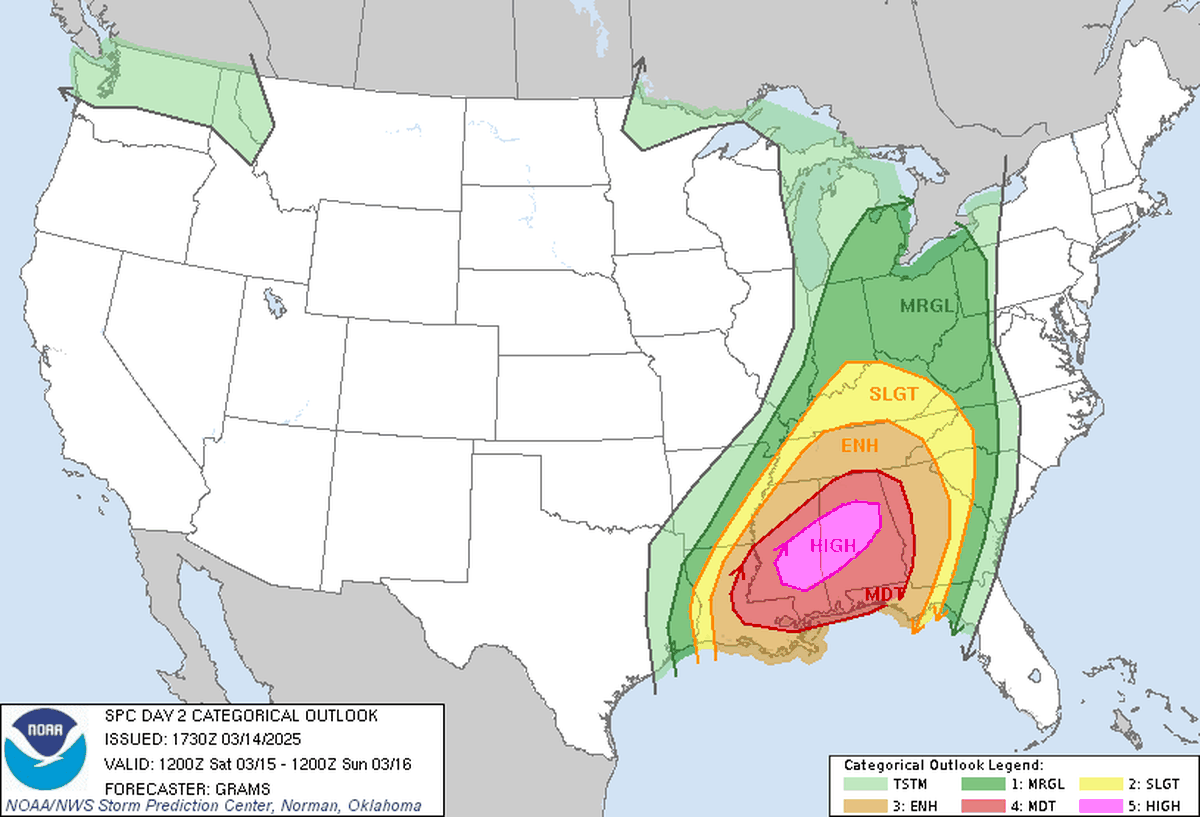 Hattiesburg, Laurel and Jackson are included in an area forecasters have said will face the highest risk from a strong storm system expected to sweep across the South on Saturday.