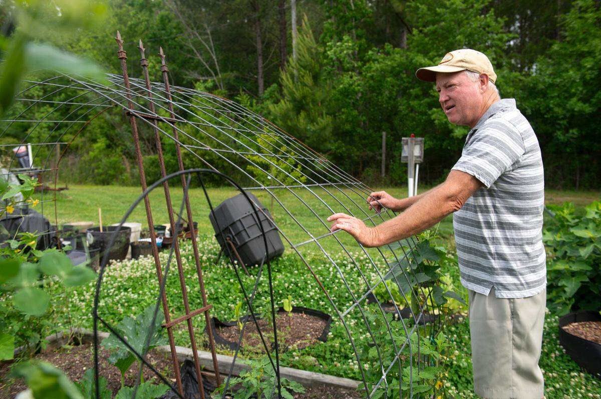Perry Guy stands in his garden at home in Bay St. Louis on Monday, April 29, 2024. Guy’s wife, Tami Curtis Guy, has been fighting to receive grant money that FEMA awarded to elevate the Guys’ home because it has flooded in two hurricanes, Zeta and Ida.