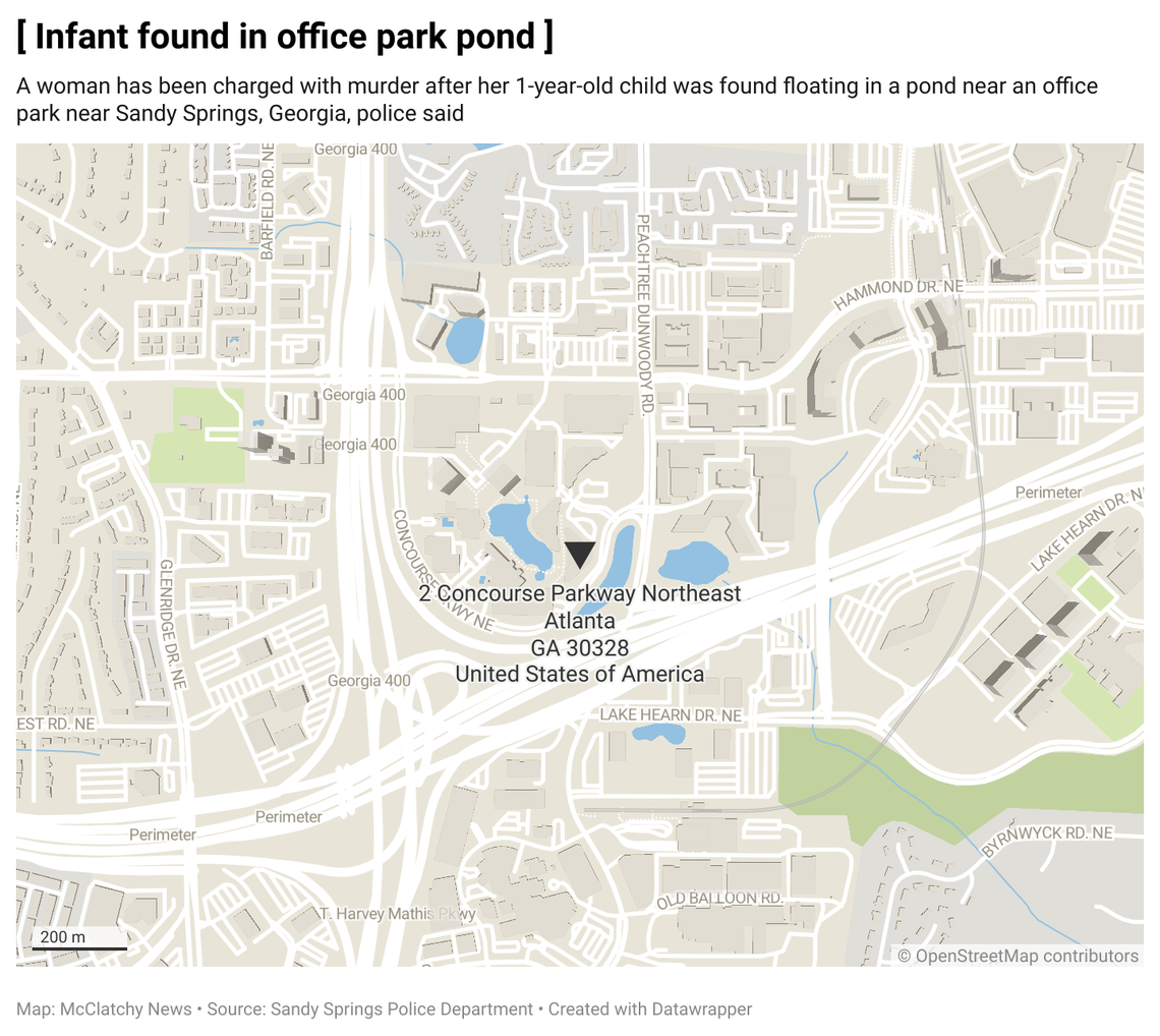 A woman is charged with murder after her 1-year-old was pulled from a pond near an office park in Sandy Springs, Georgia, on May 11, police said.