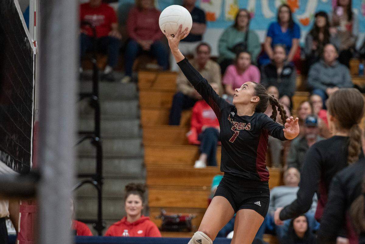 George County’s Lani McDoniel hits the ball over the net during the 6A South State Championship game at Hancock High School in Kiln on Monday, Oct. 16, 2023.