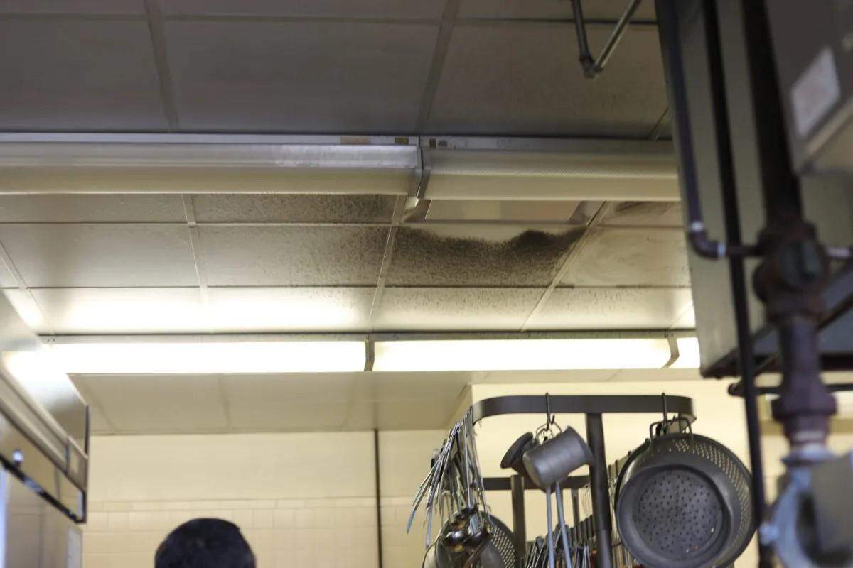 Grease stains on the ceiling of NEMCC’s culinary arts lab last month.