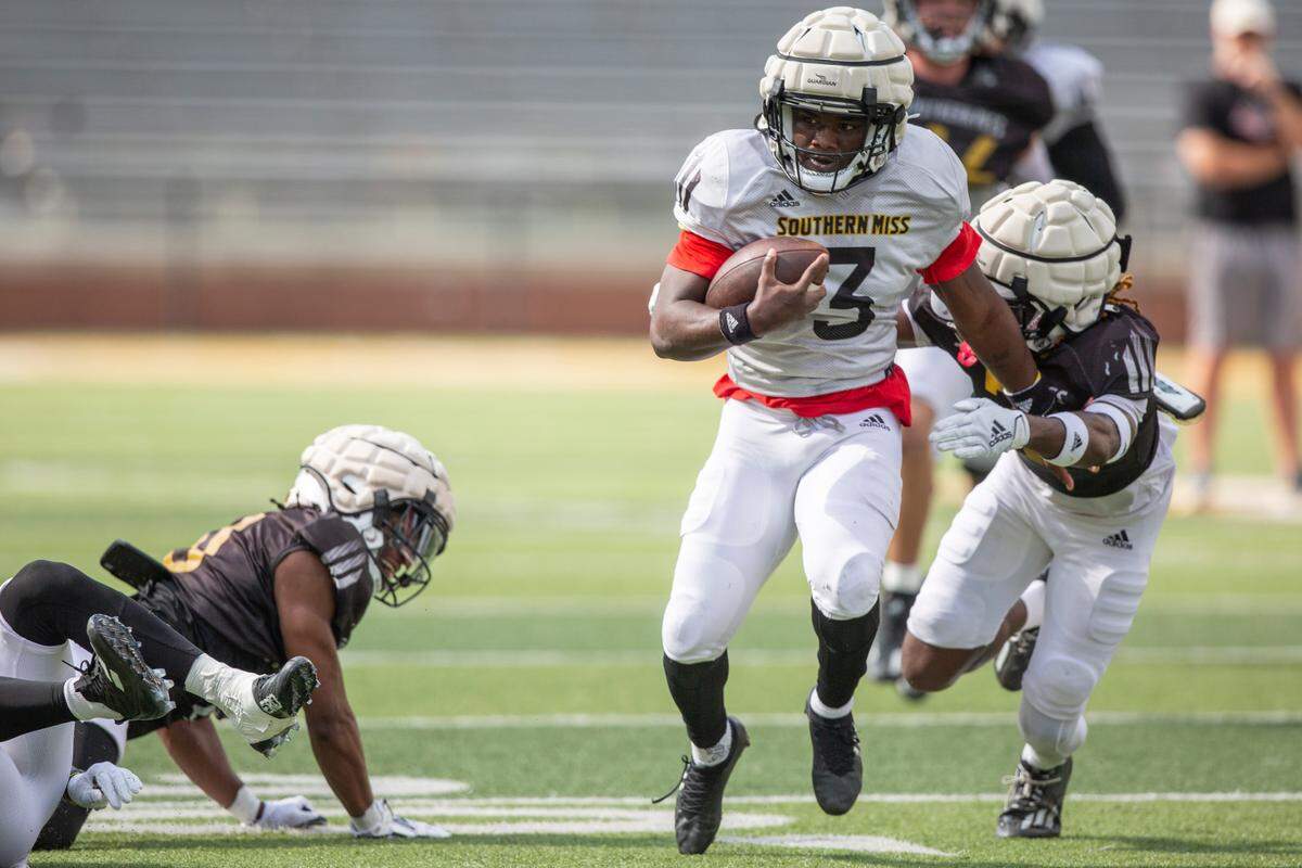 Southern Miss runningback Frank Gore Jr. runs the ball down the field during a scrimmage at M.M. Roberts Stadium in Hattiesburg on Saturday, March 25, 2023.