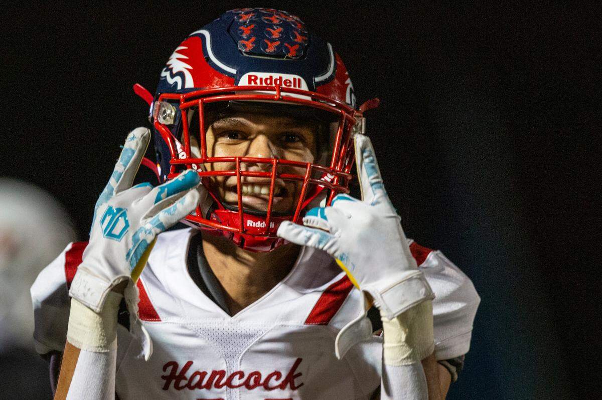 Hancock’s Neil Acker celebrates after scoring during a game at West Harrison High School in Harrison County on Friday, Oct. 6, 2023.