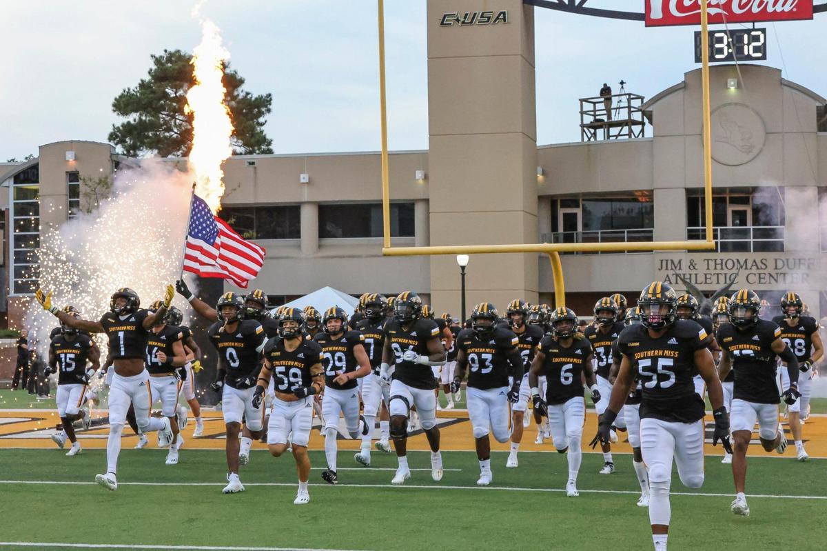 Southern Miss takes the field during the game between Southern Miss and UTEP at Hancock M.M. Roberts Stadium, Hattiesburg, MS, October 9, 2021.