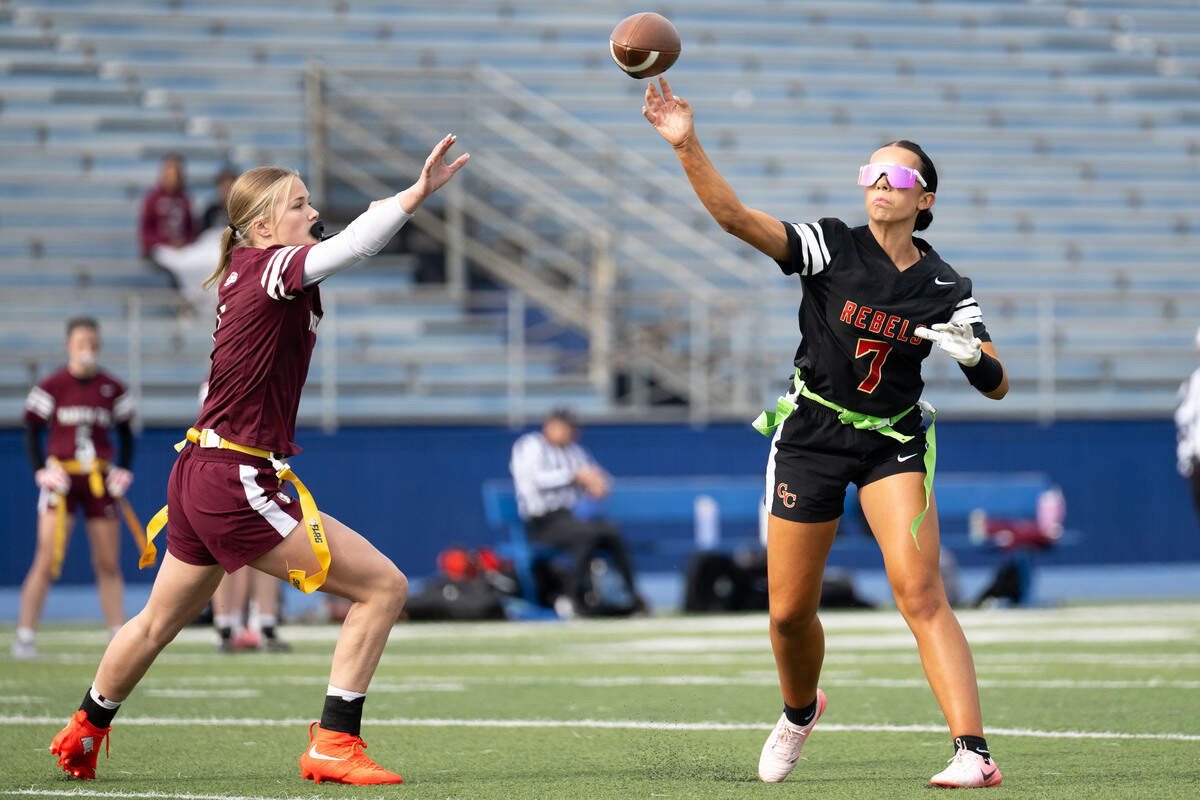 George County’s Lani McDoniel (7) passes the ball during a flag football game at Joe Barlow Stadium on March 18.
