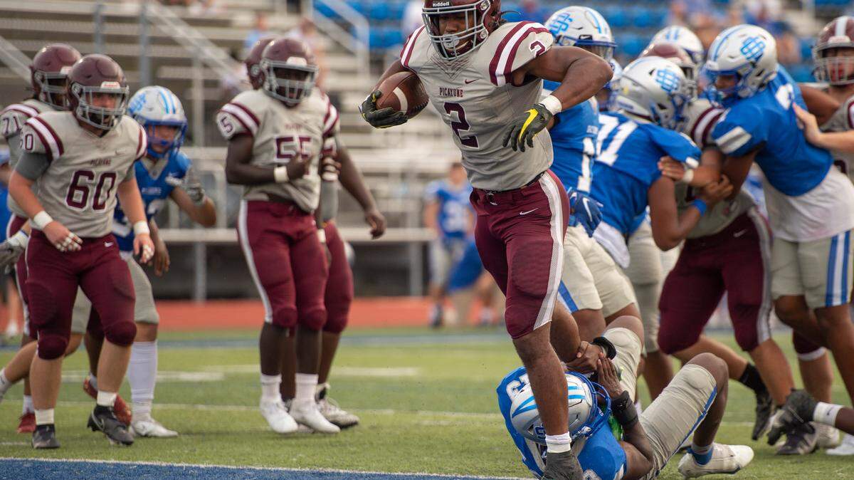 Picayune runningback Dante Dowdell walks into the end zone for a touchdown during a spring game against Ocean Springs at Greyhound Stadium in Ocean Springs on Friday, May 13, 2022.