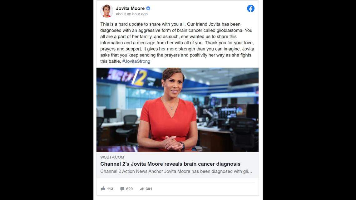 Atlanta, Georgia news anchor Jovita Moore reveals she has glioblastoma, an aggressive form of brain cancer.
