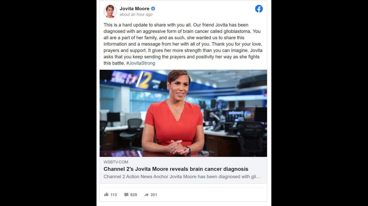 Atlanta, Georgia news anchor Jovita Moore reveals she has glioblastoma, an aggressive form of brain cancer.