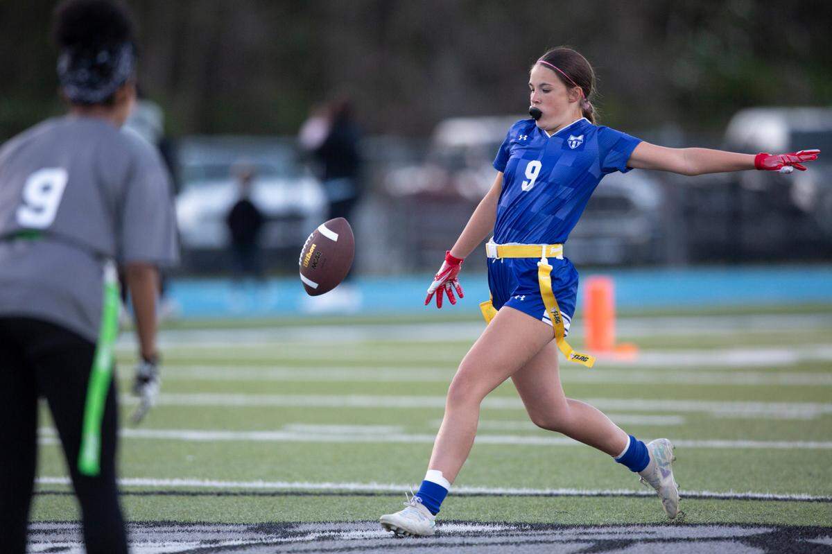 Vancleave’s Jillian Woods punts the ball during a Jamboree game at Vancleave on Thursday, March 20, 2025.