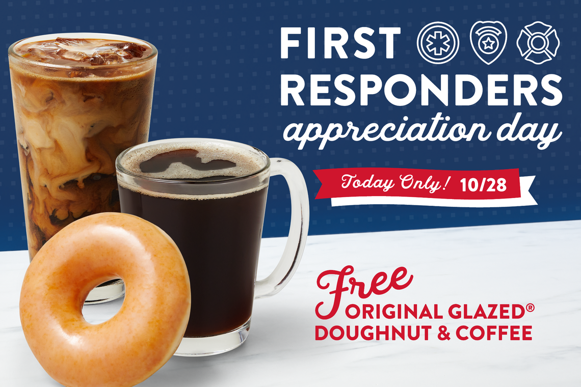 Krispy Kreme will treat first responders to a free coffee and doughnut in honor of National First Responders Day (Oct. 28).