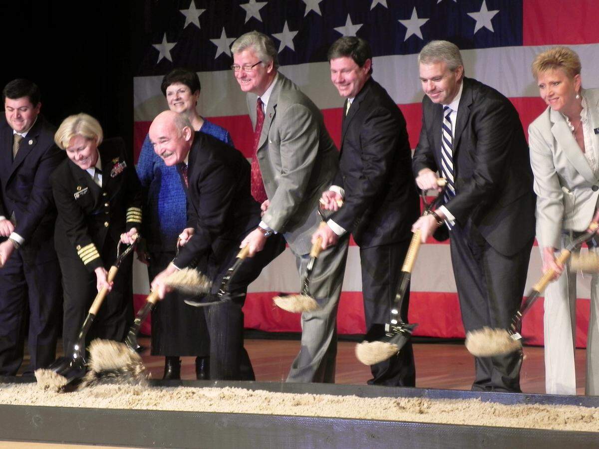 From left, Capt. Cheryl M. Hansen, commanding officer of Naval Construction Battalion Center (NCBC) Gulfport; Dennis V. McGinn, assistant secretary of the Navy for Energy, Installations and Environment; Commissioner Sam Britton, Mississippi Public Service Commission; Anthony Wilson, president and CEO of Mississippi Power; PSC Chairman Brandon Presley and Gulfport councilwoman Cara Pucheu, Ward 7, were on hand for a groundbreaking Wednesday, March 2, 2016 for a 23-acre solar farm at the NCBC.