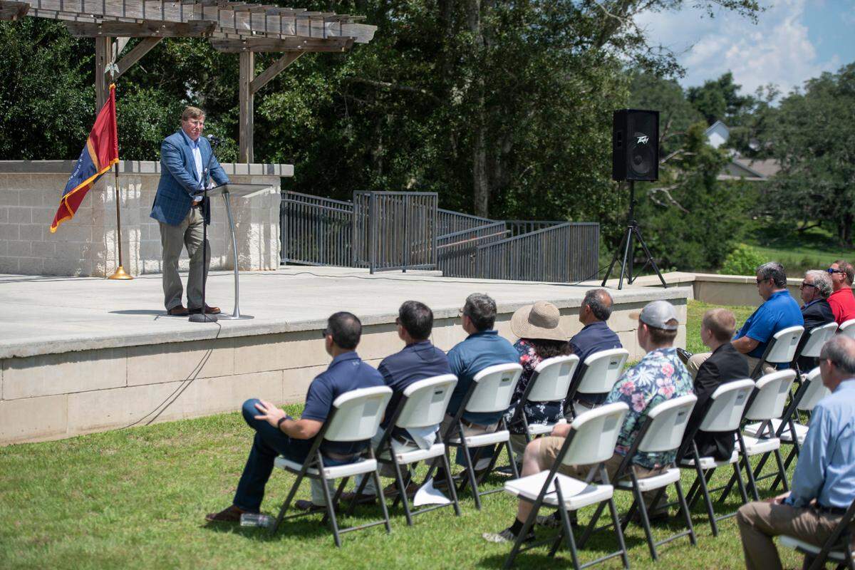 Gov. Tate Reeves speaks to a crowd about the anniversary of Hurricane Katrina at Fort Maurepas Park in Ocean Springs on Monday, Aug. 29, 2022.
