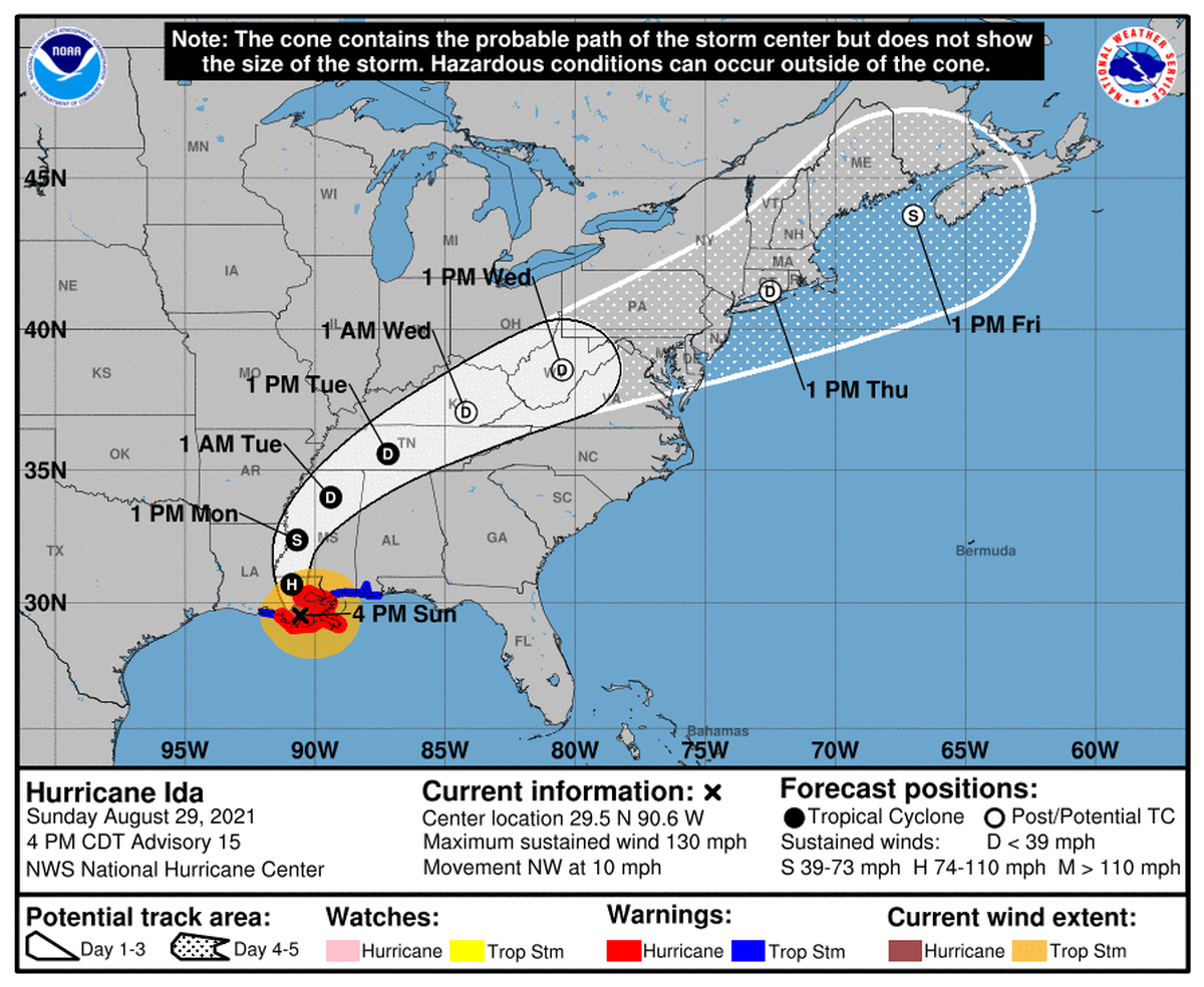 This projection map shows Hurricane Ida’s track at 4 p.m. on Aug. 29, 2021