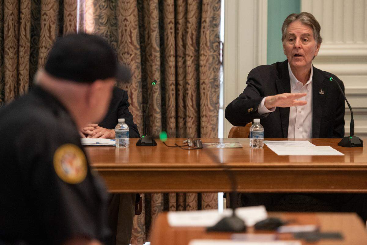 Biloxi Mayor Andrew “Fofo” Gilich, right, and Biloxi Police Chief John Miller make comments during a Biloxi City Council meeting at Biloxi City Hall on Tuesday, April 18, 2023 over the incidents of Black Spring Break.