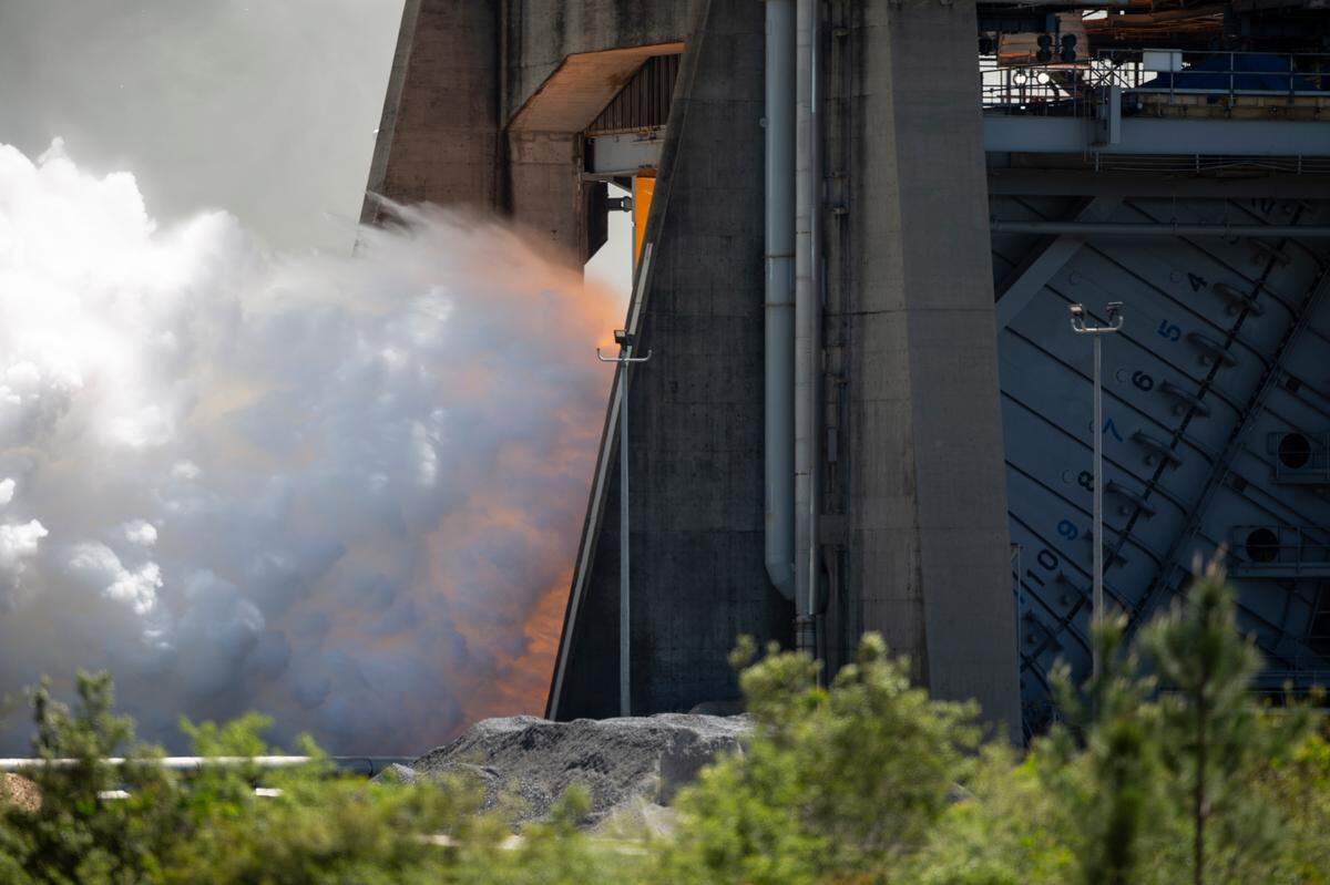 Steam erupts from the base of the A-1 Test Stand, also called the Fred Haise Test Stand, at Stennis Space Center in Bay St. Louis on Wednesday, April 3, 2024, as NASA tests one of the RS-25 engines destined for the Artemis missions.