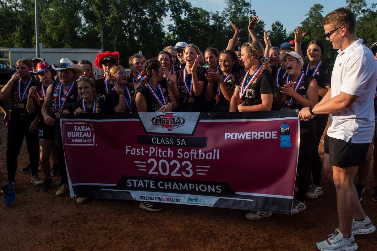 George County Lady Rebels’ celebrate after beating Saltillo in the 5A 2023 MHSAA Softball Championship game at USM Softball Complex in Hattiesburg on Thursday, May 18, 2023.