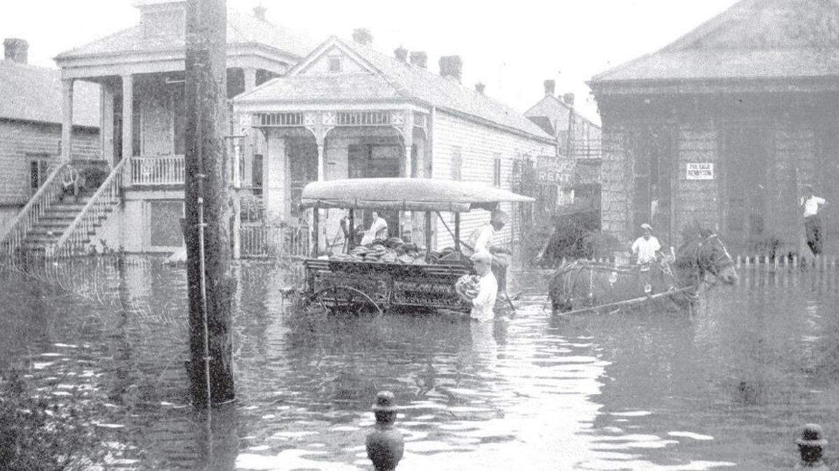 A man carries a load of bananas from a submerged wagon at Dupre and Baudin streets in Mid-City New Orleans in mid-April 1927.