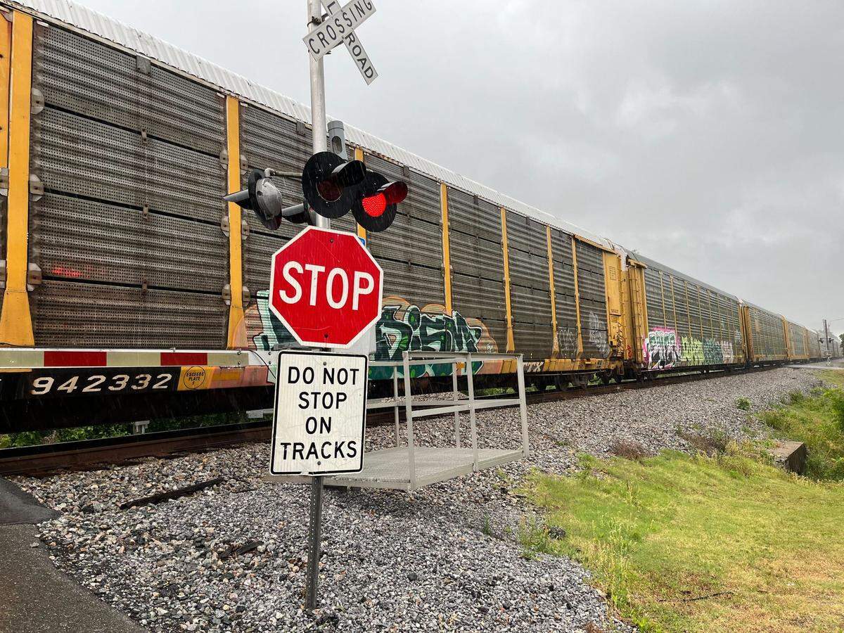 A train is stopped on the tracks in Biloxi after a pedestrian was struck Monday, April 29, 2024.