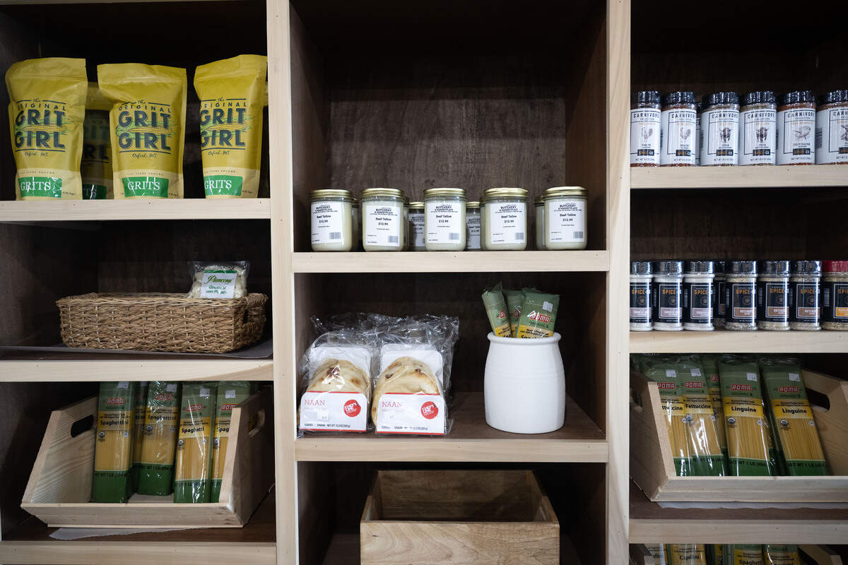 Spices and pasta are displayed at Johnny Pizmo’s Butchery and Marketplace in Gulfport.