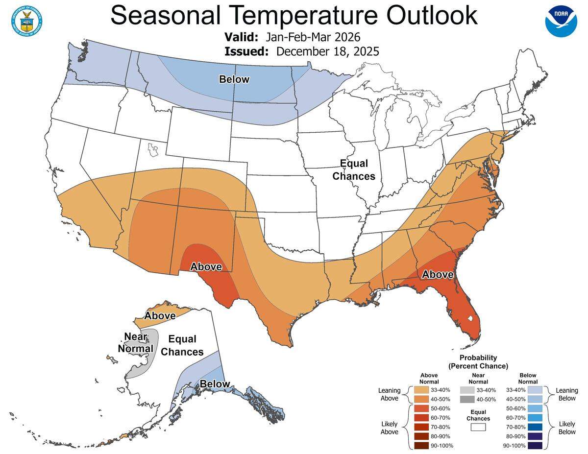 The Southeast region is expected to experience a warm winter from January through March 2026, according to National Weather Service experts.