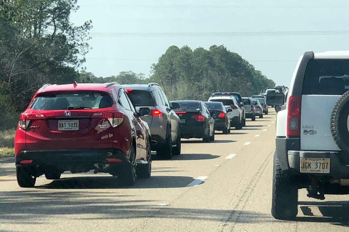 Traffic backs up on Interstate 10 near the Louisiana-Mississippi state line on Feb. 20, 2022 due to lane that has been closed since last month.
