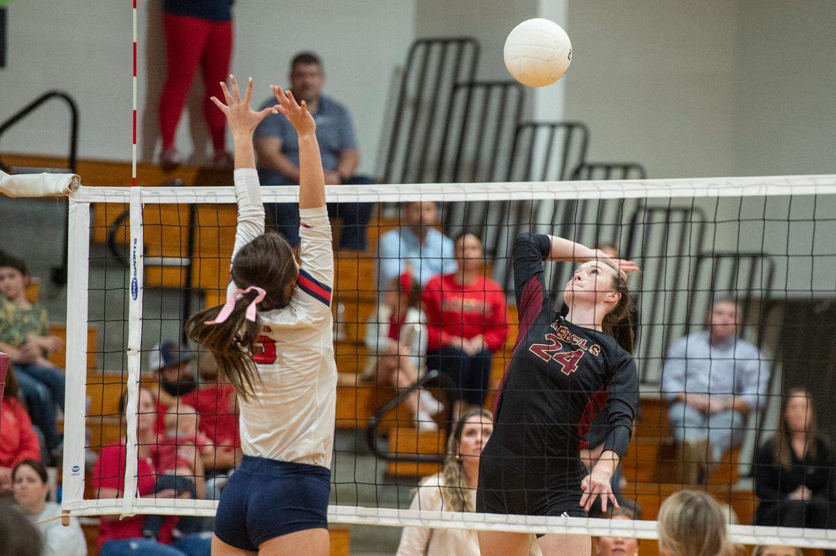 George County’s Carrington Broderick hits the ball over the net during the 6A South State Championship game at Hancock High School in Kiln on Monday, Oct. 16, 2023.
