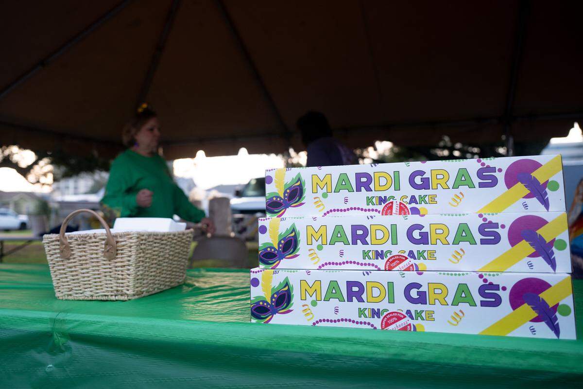 Mardi Gras King Cakes are stacked up during a 12th Night Celebration in Biloxi on Monday, Jan. 5, 2026.