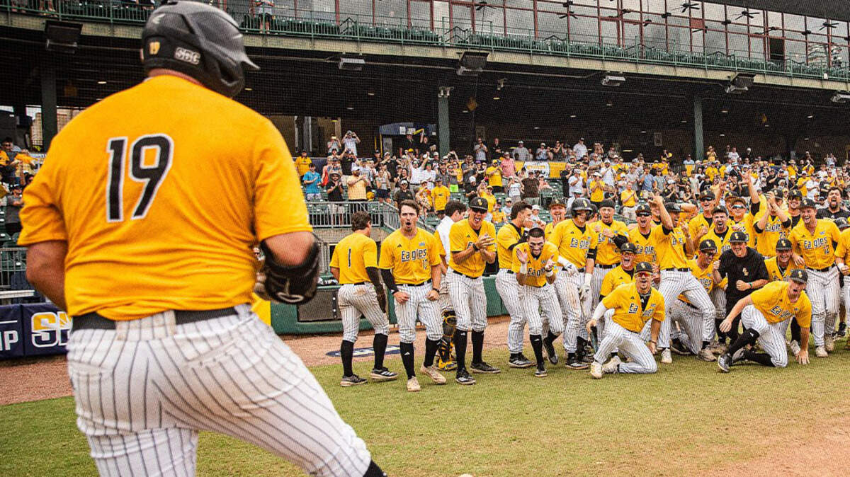 Matthew Russo (19) celebrates a 2-run homer Sunday in the Sun Belt Baseball Tournament championship game against Louisiana.