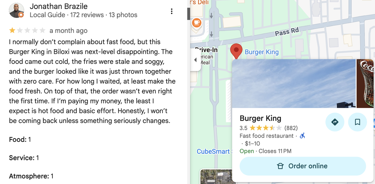 The Burger King at 2395 Pass Rd has a 3.5 star review on Google.