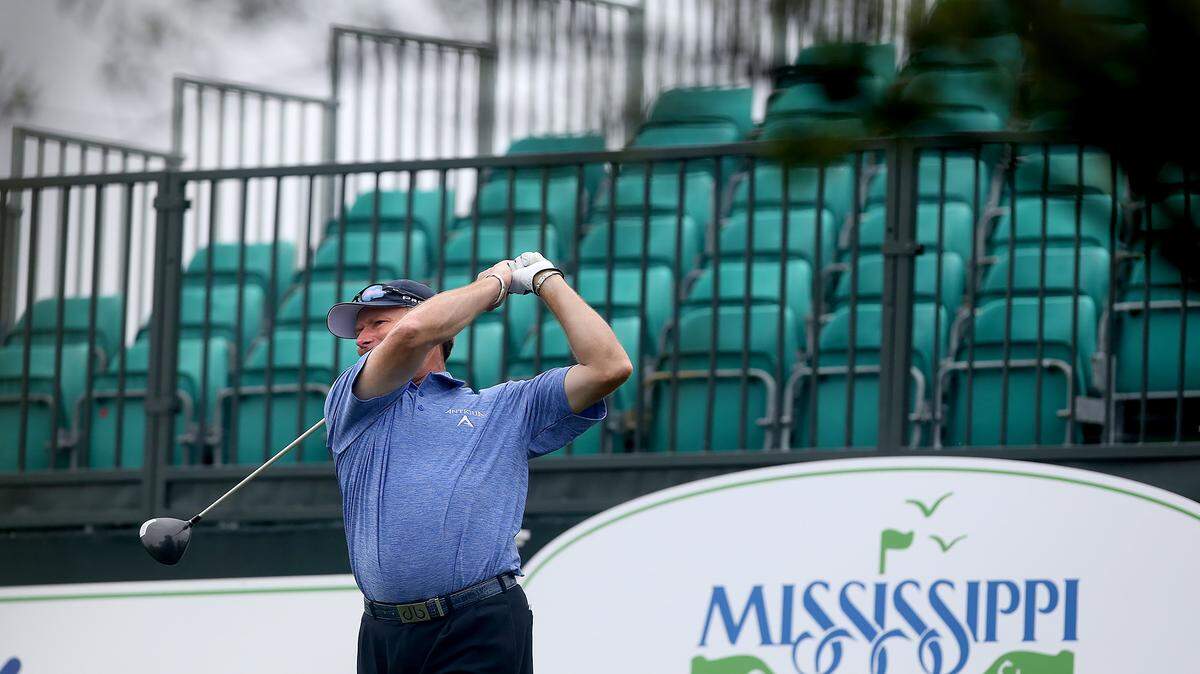 AMANDA McCOY/SUN HERALD 
 Woody Austin tees off during the Mississippi Gulf Resort Classic Pro-Am on Thursday, March 31, 2016, at Fallen Oak.