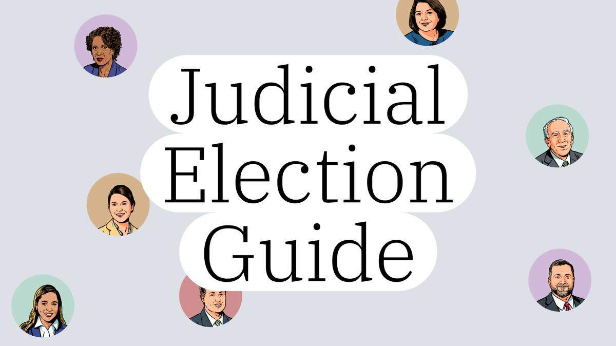 An illustration shows circles with portraits of seven judges and the text: “Judicial Election Guide.”