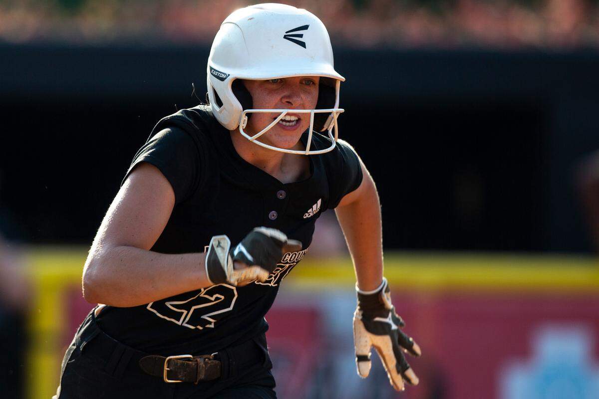 George County Lady Rebels’ Natalie Jones runs to first base during the 5A 2023 MHSAA Softball Championship game at USM Softball Complex in Hattiesburg on Thursday, May 18, 2023.