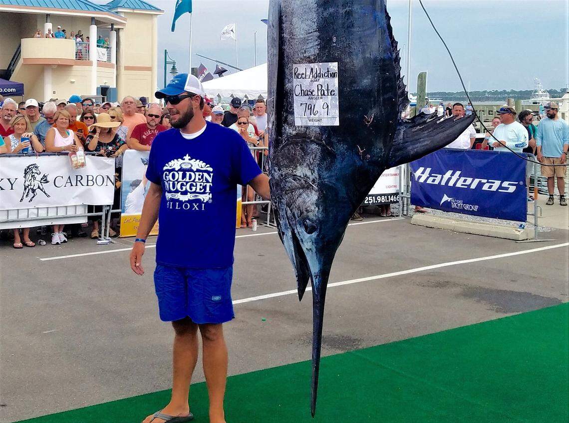 Chase Pate’s 796.9-pound blue marlin, caught aboard Reel Addiction, was the highlight of Day 2 of the Gulf Coast Billfish Classic at Point Cadet Marina in 2018.