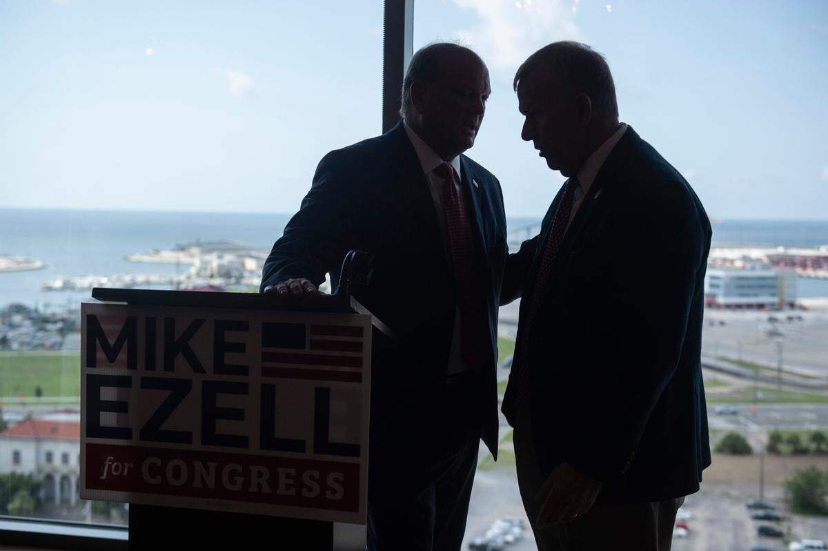 Jackson County Sheriff Mike Ezell, right, who will face off with incumbent Rep. Steven Palazzo for the Republican nomination for a congressional seat, talks with former candidate Brice Wiggins during an Ezell campaign press conference at the Great Southern Club in Gulfport on Thursday, June 9, 2022.