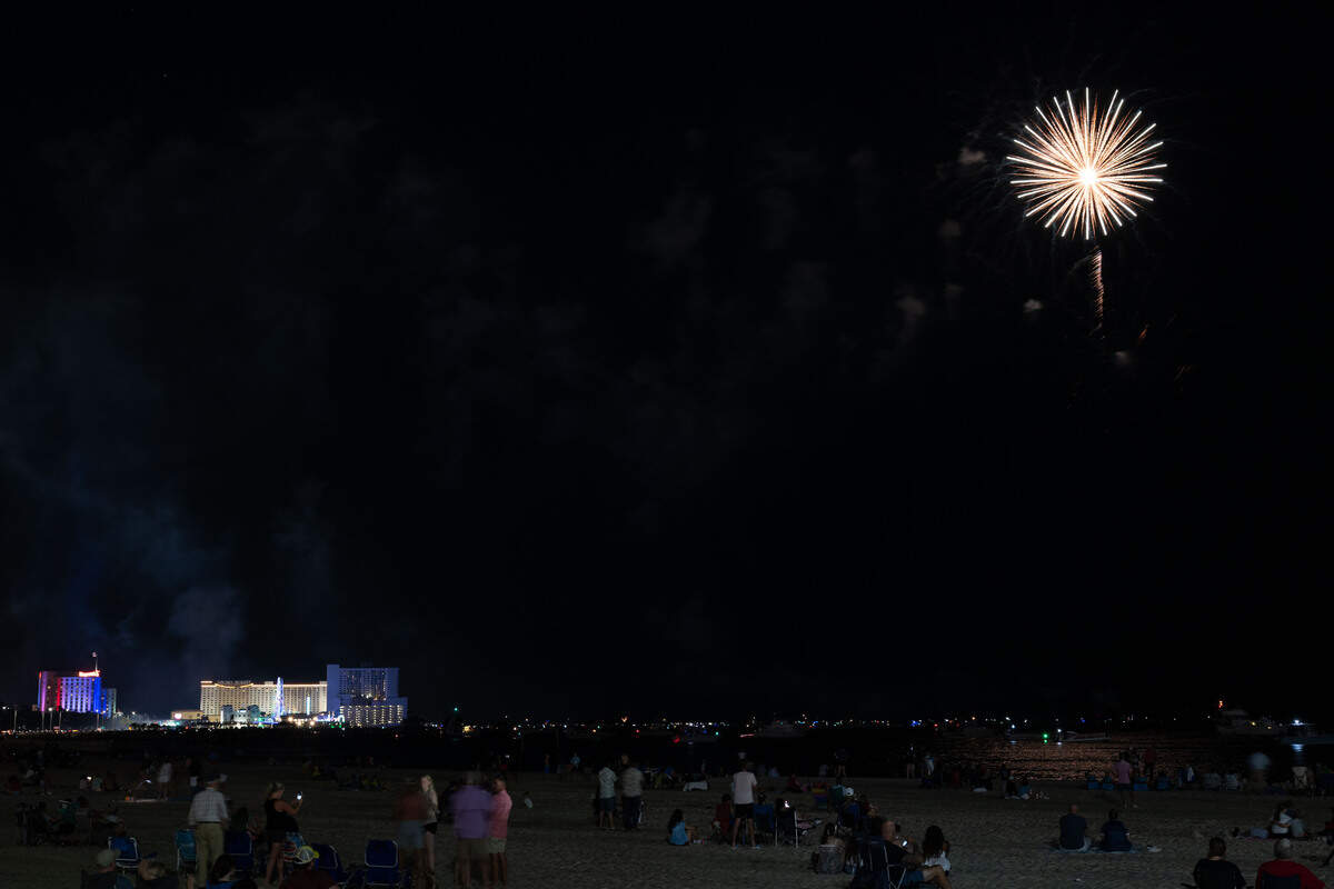 Fireworks are shot into the air during the annual show over the Mississippi Sound on Saturday, July 4, 2026.