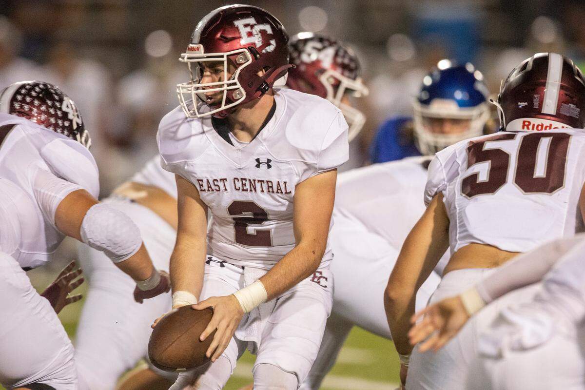 East Central’s Andrew Marble passes off the snap during a game between Vancleave and East Central at Vancleave Football Stadium in Vancleave on Thursday, Nov. 3, 2022.
