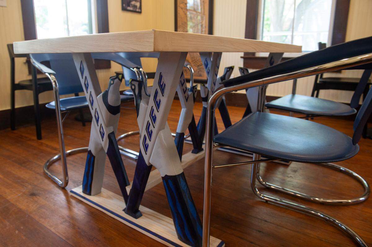 A bluejay table, originally designed by Walter Anderson, is a centerpiece at The Traveler, a new extension to the Walter Anderson Museum of Art, in Ocean Springs on Wednesday, April 16, 2025. This version of the bluejay table was built by Shane Sekul.