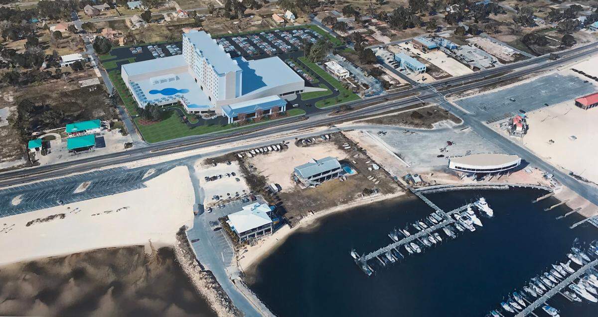 Artist’s rendering of a casino previously proposed by Long Beach Harbor Resort LLC on the old Kmart property on U.S. 90 The company was unable to acquire the land and has filed a lawsuit against the city over its harbor lease, where Parrish’s Restaurant and Lounge is located.