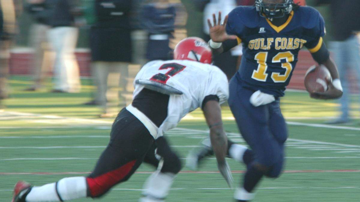 MGCCC 
 Mississippi Gulf Coast quarterback Greg Jenkins takes on a Georgia Military College defender during the first Mississippi Bowl in 2008. Jenkins is being inducted in the Mississippi Bowl Hall of Fame.