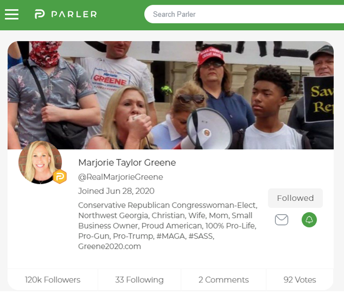 Marjorie Taylor Greene, elected to congress from Georgia’s 14th Congressional District this year, is one of the state’s more prolific Parler users. She made headlines nationally for her embrace of the QAnon conspiracy theory.