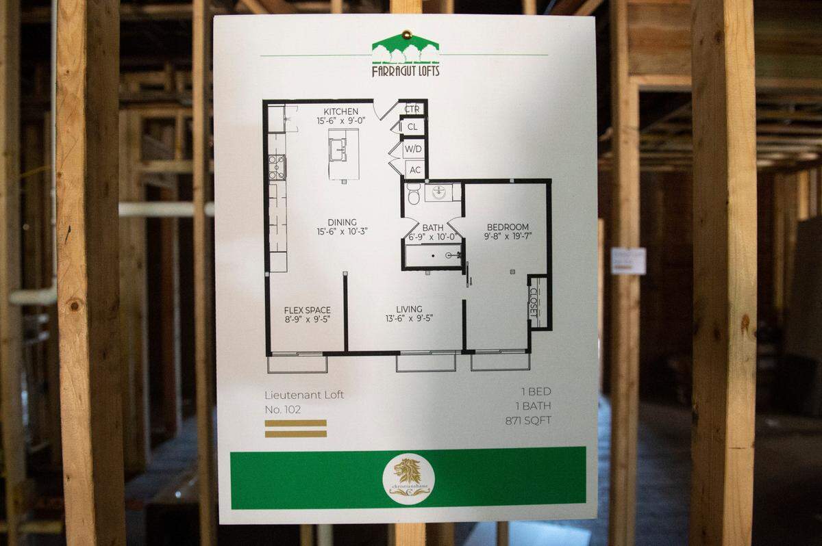 A floor plan of a one bedroom unit called the Lieutenant at the new Farragut Lofts in Bay St. Louis on Thursday, June 30, 2022.