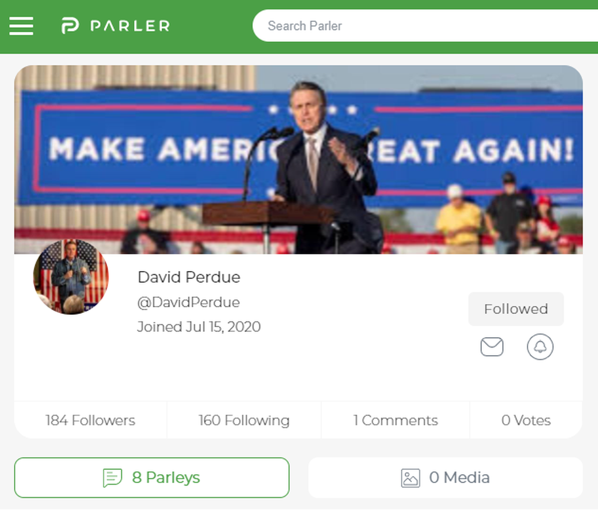 This Parler account using photographs of U.S. Sen. David Perdue (R-Georgia) may not actually belong to the senator. It’s only one of several on the platform that purport to be David Perdue.