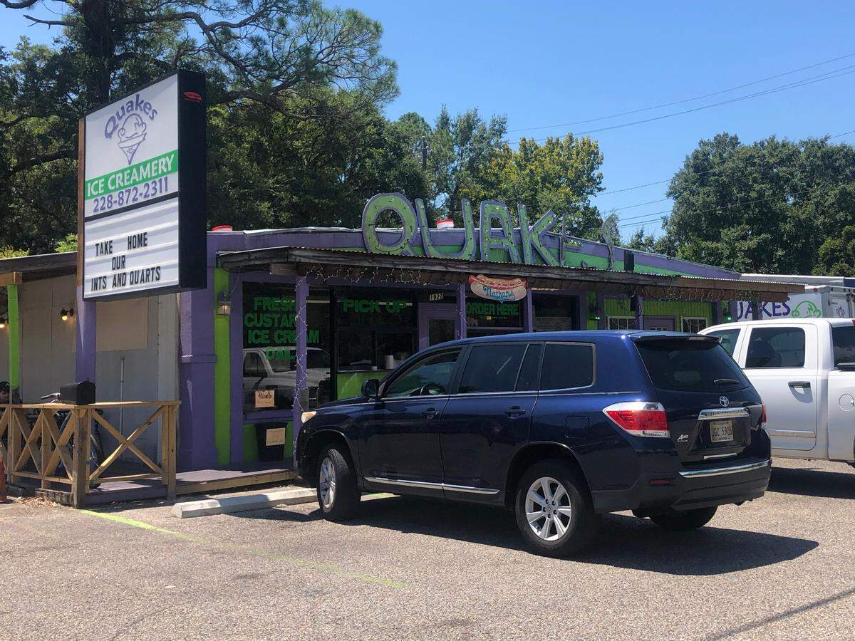 Quakes Ice Creamery in Ocean Springs is painted in get-noticed purple and neon green Scooby-Doo colors.